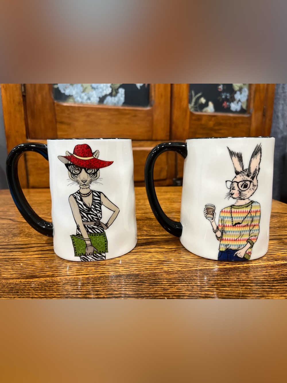 Hipster Cat & Rabbit Mug Set of 2 Novelty Animal Coffee Mugs Whimsical Funny - Picture 2 of 7